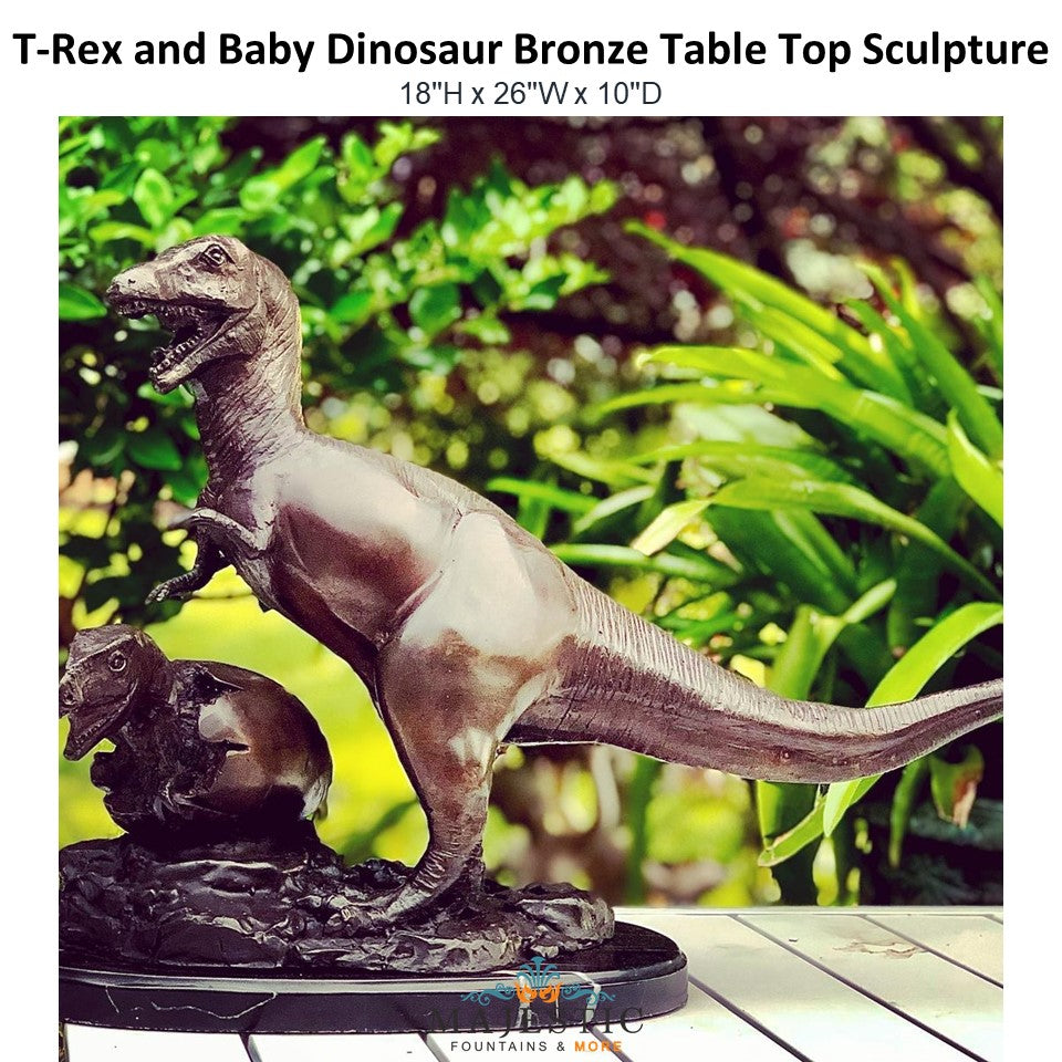T-Rex and Baby Dinosaur Bronze Table Top Sculpture - Majestic Fountains and More.