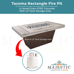 Tacoma Rectangle Fire Pit in Woodgrain Concrete - Majestic Fountains