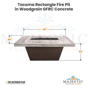 Tacoma Rectangle Fire Pit in Wood Grain GFRC Concrete Size - Majestic Fountains