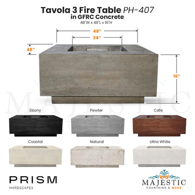 Tavola 3 Fire Table PH-407 in GFRC Concrete by Prism Hardscapes Infograph - Majestic Fountains