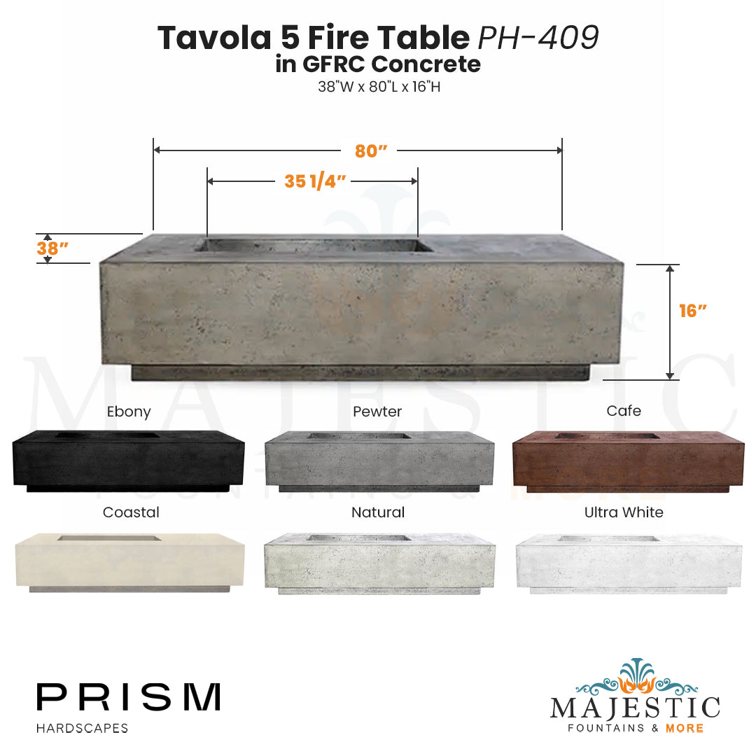 Tavola 5 Fire Table PH-409 in GFRC Concrete by Prism Hardscapes Infograph - Majestic Fountains