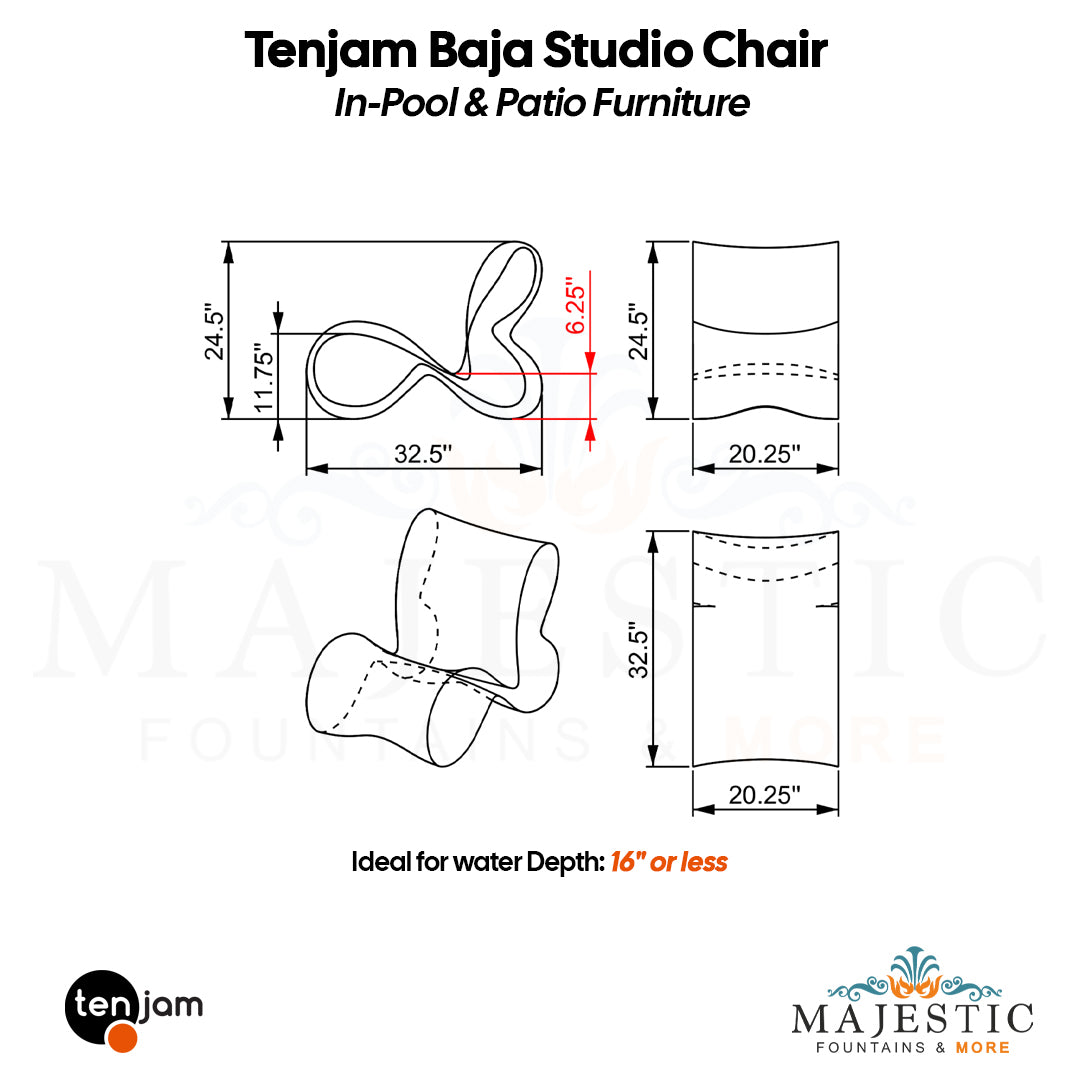 Tenjam Baja Studio Chair - Set of 2 - In-Pool & Patio Furniture Size - Majestic Fountains