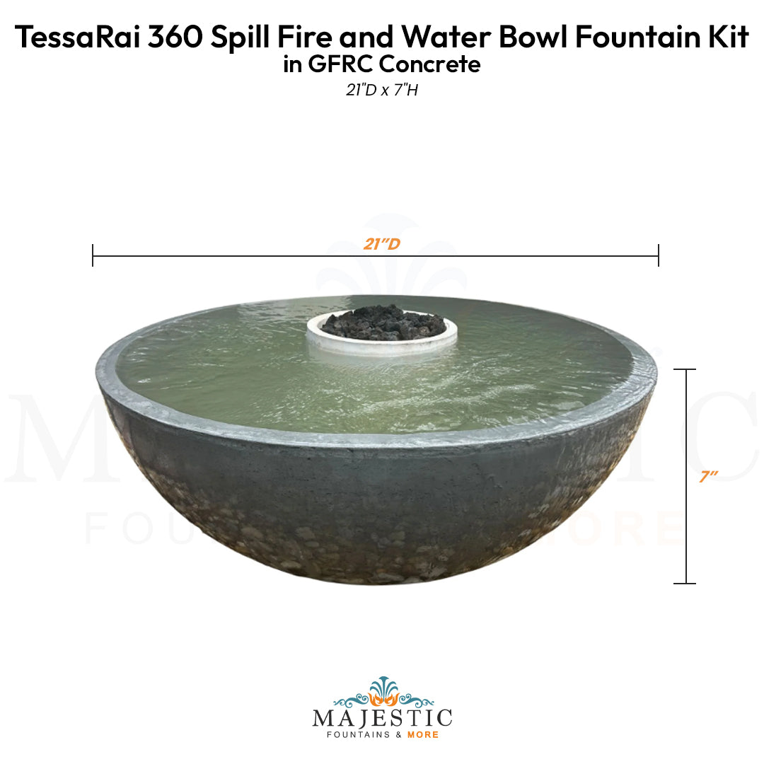 TessaRai 360 Spill Fire and Water Bowl Fountain Kit in GFRC Concrete - Majestic Fountains
