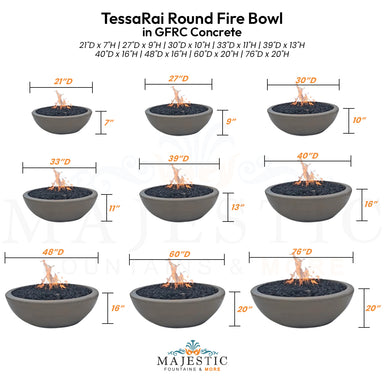TessaRai Round Fire Bowl in GFRC Concrete - Majestic Fountains