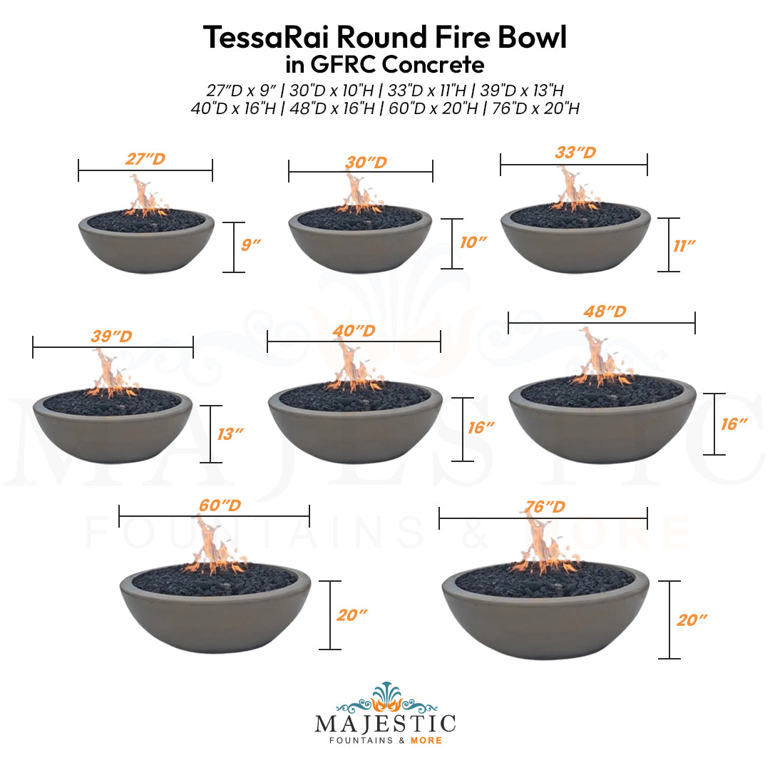 TessaRai Round Fire Bowl in GFRC Concrete - Majestic Fountains