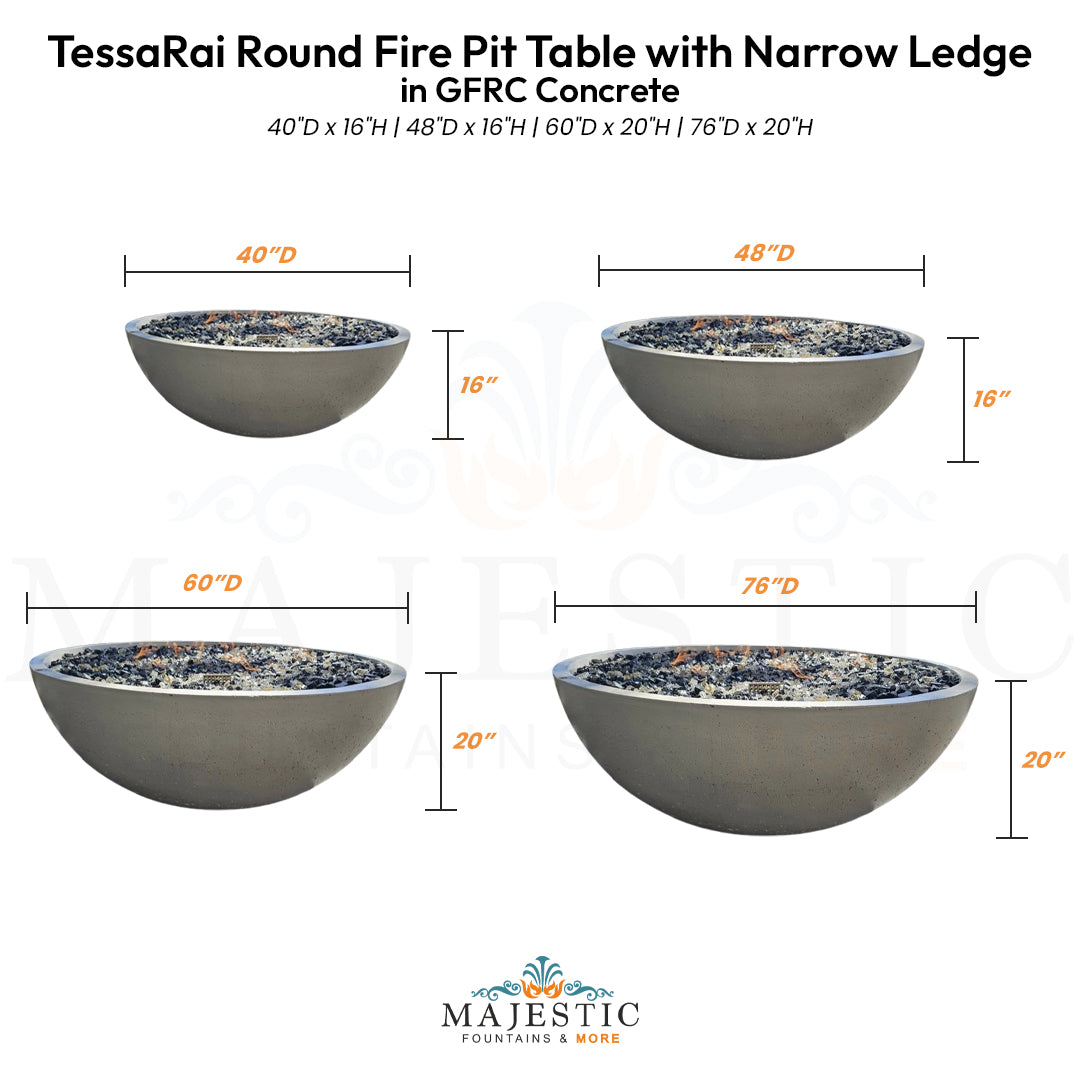 TessaRai Round Fire Pit Table with Narrow Ledge in GFRC Concrete - Majestic Fountains