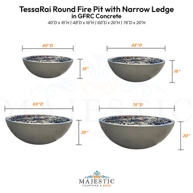 TessaRai Round Fire Pit Table with Narrow Ledge in GFRC Concrete - Majestic Fountains