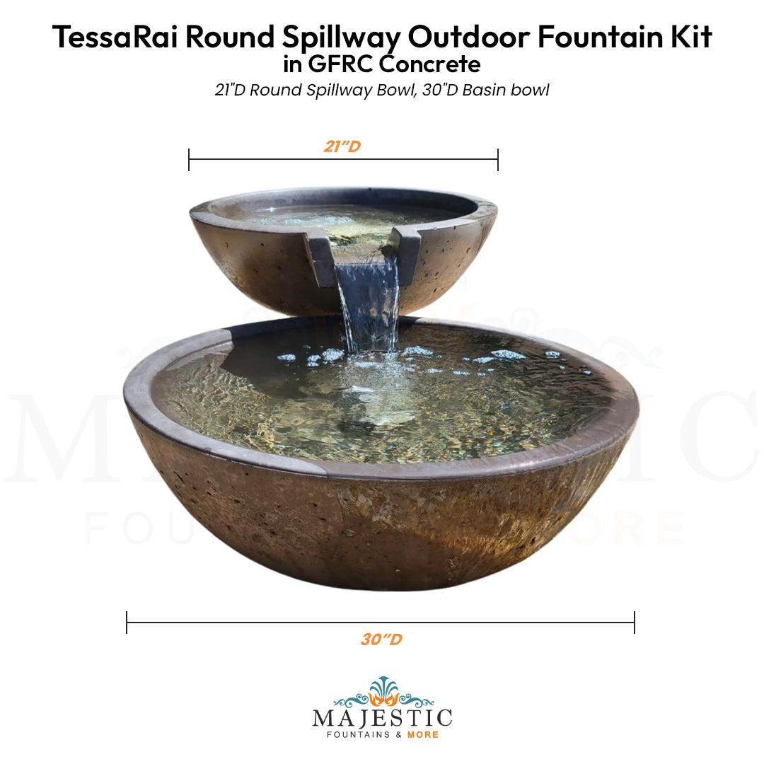 TessaRai Round Spillway Outdoor Fountain in GFRC Concrete - Majestic Fountains and More