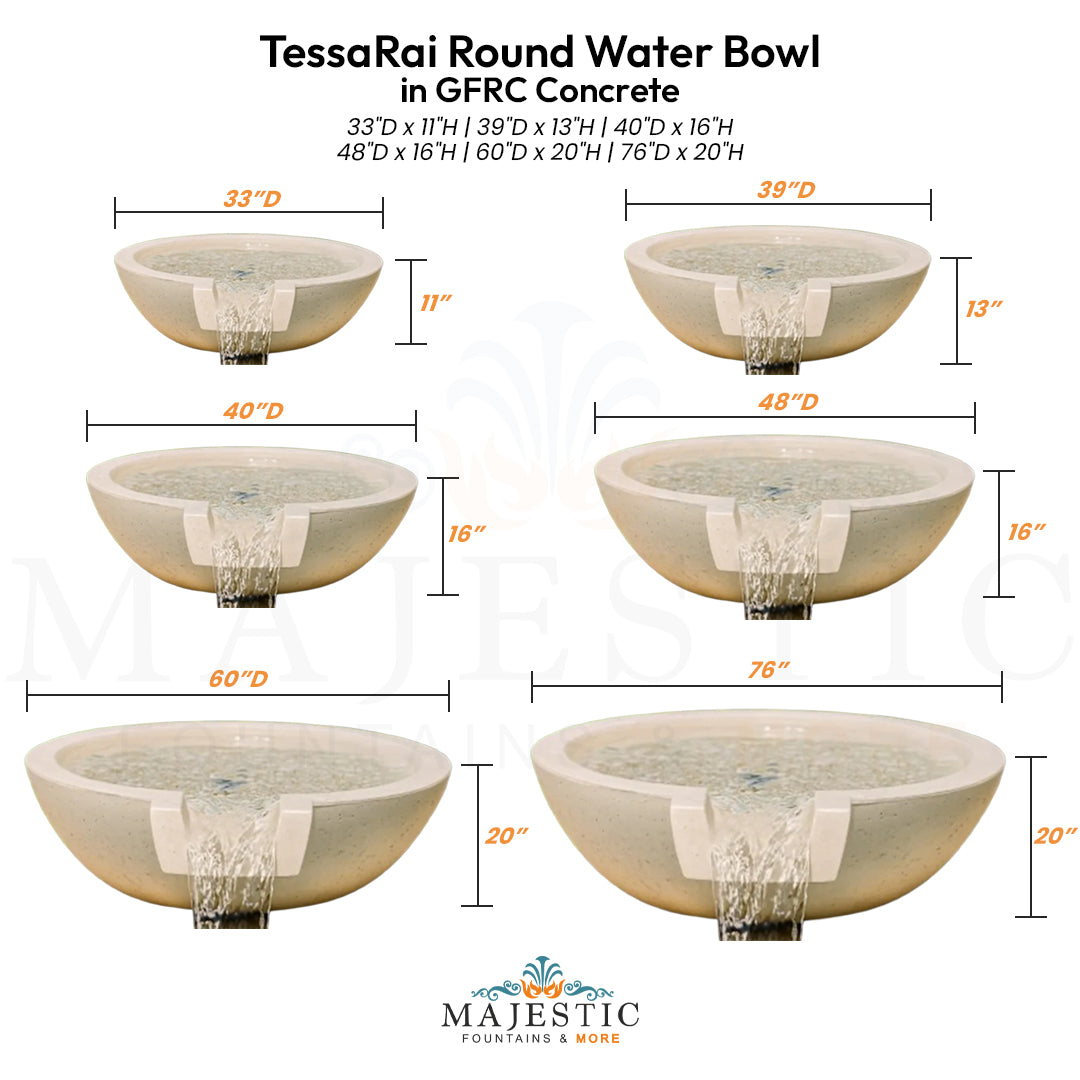 TessaRai Round Water Bowl in GFRC Concrete - Majestic fountains and More