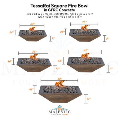 TessaRai Square Fire Bowl in GFRC Concrete - Majestic Fountains