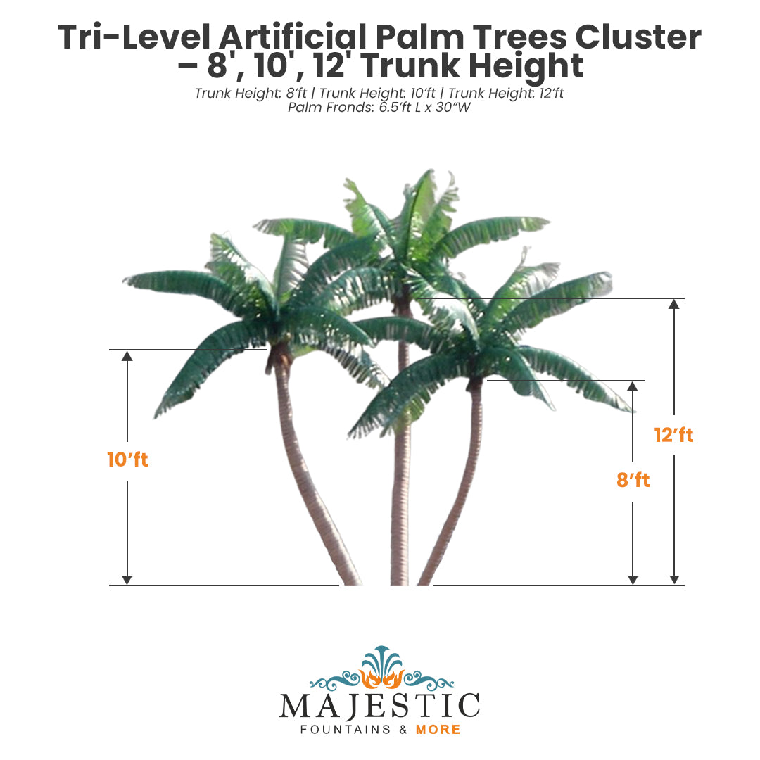 artificial coconut palm trees Tri-Level Artificial Palm Trees Cluster – 8', 10', 12' Trunk Height — Majestic Fountains and More