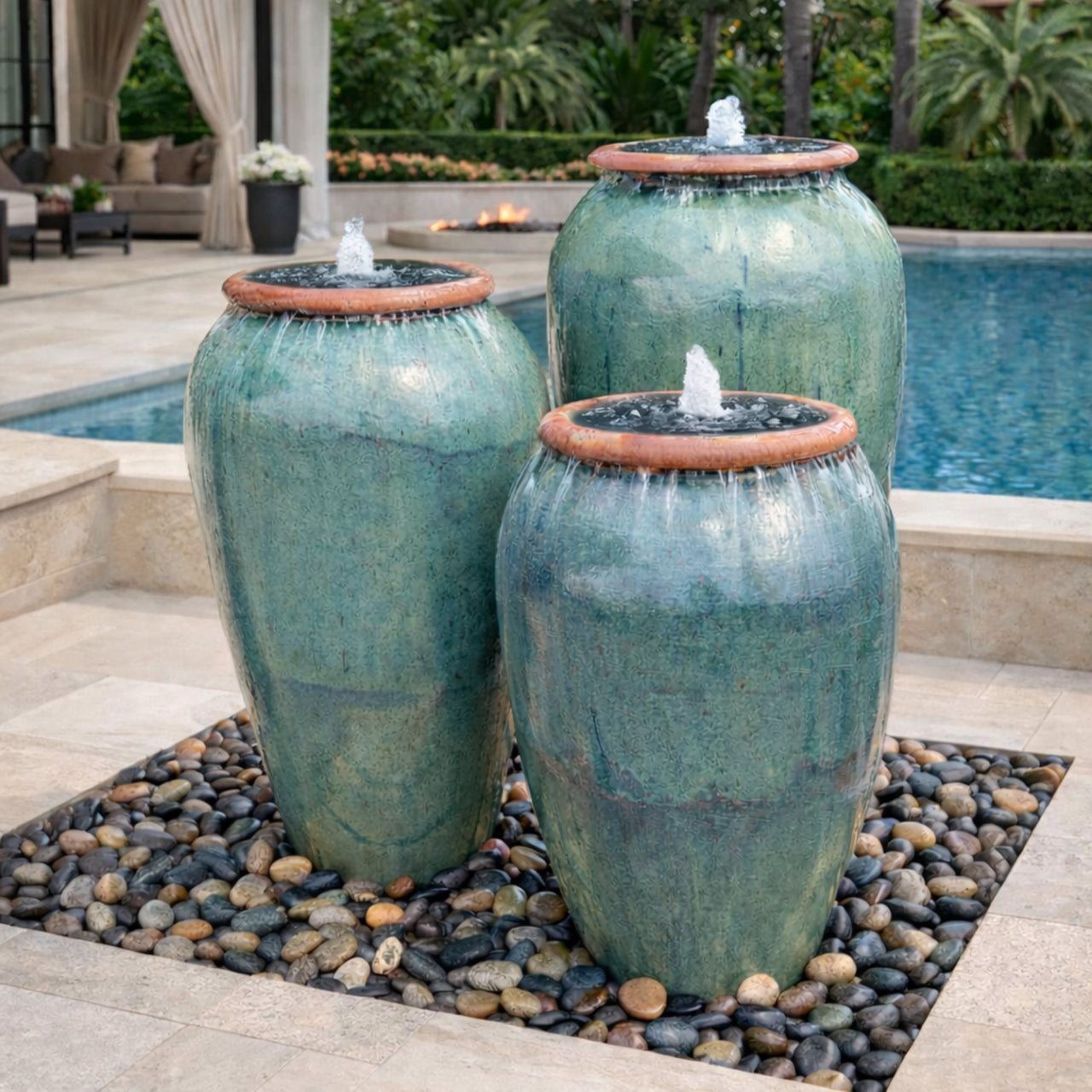 Tuscany Aqua Glaze Triple Ceramic Vase FNT50901 - Complete Fountain Kit