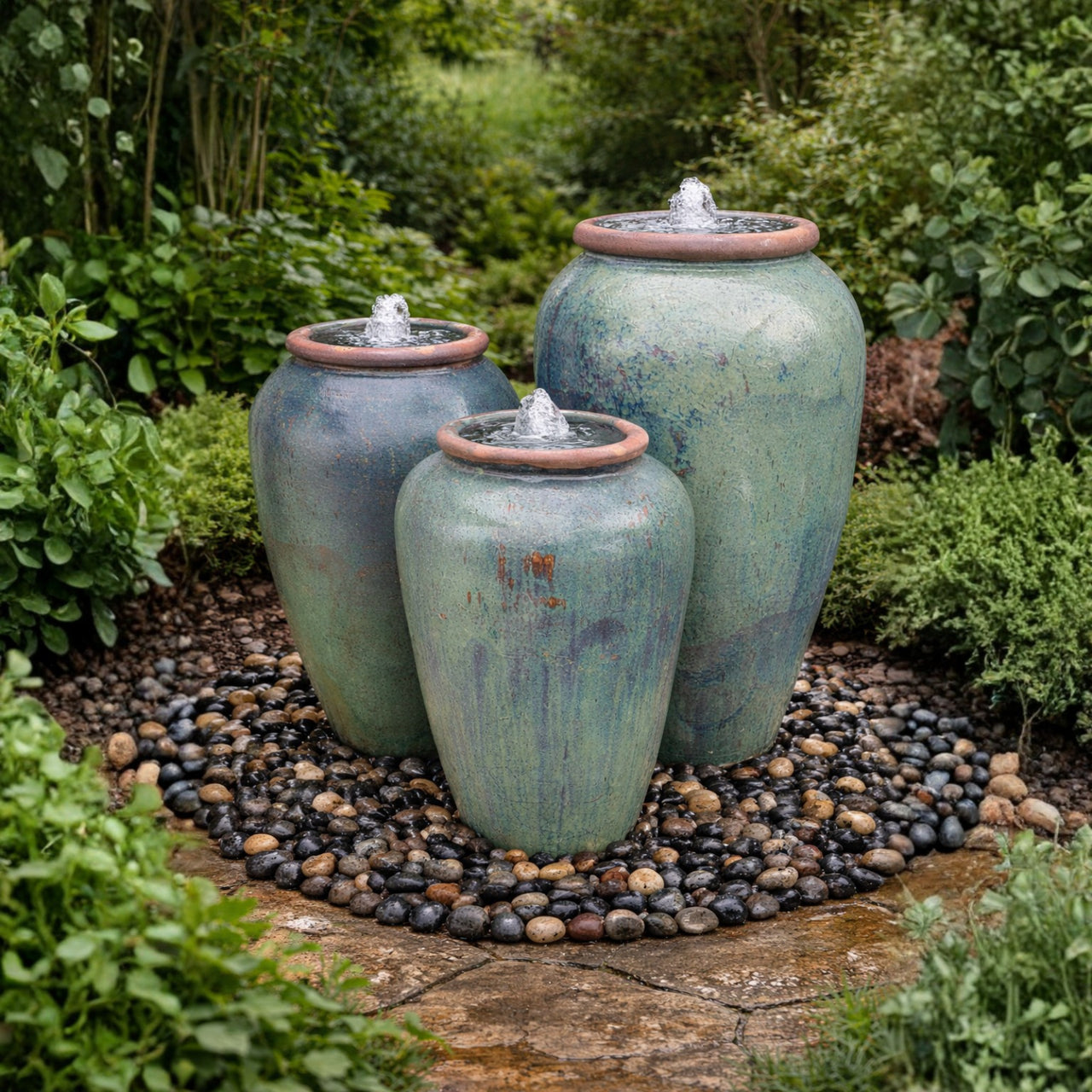 Tuscany Calm Verdigris Triple Ceramic Vase FNT50905 - Complete Fountain Kit