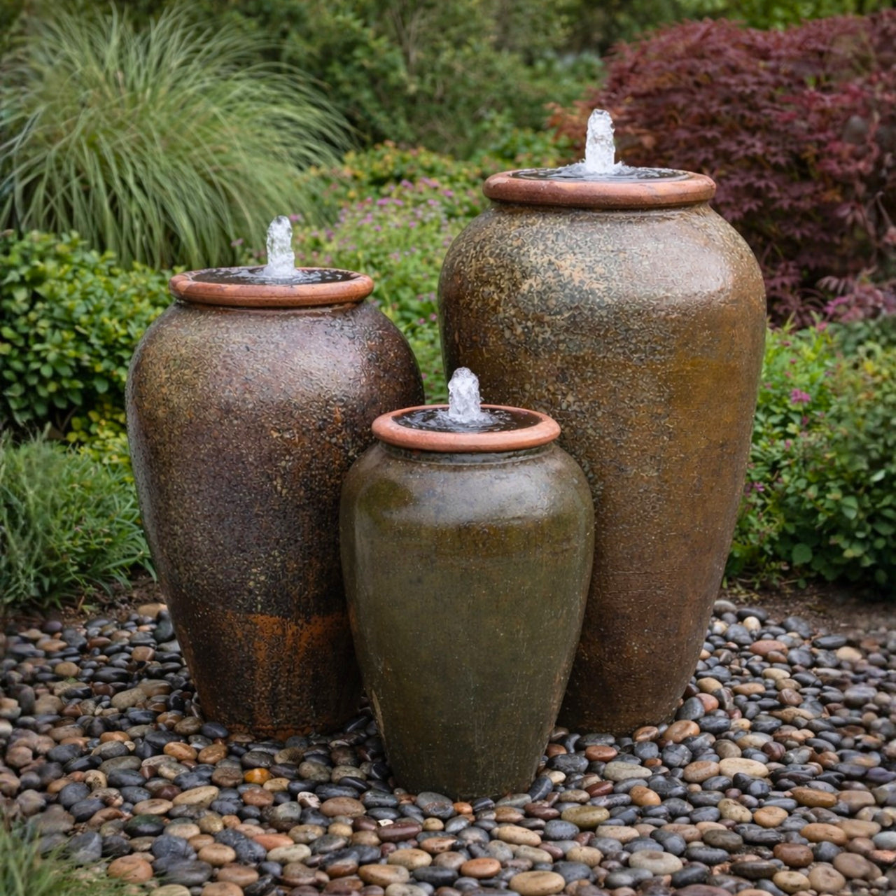 Tuscany Dull Brown Triple Ceramic Vase FNT50918 - Complete Fountain Kit
