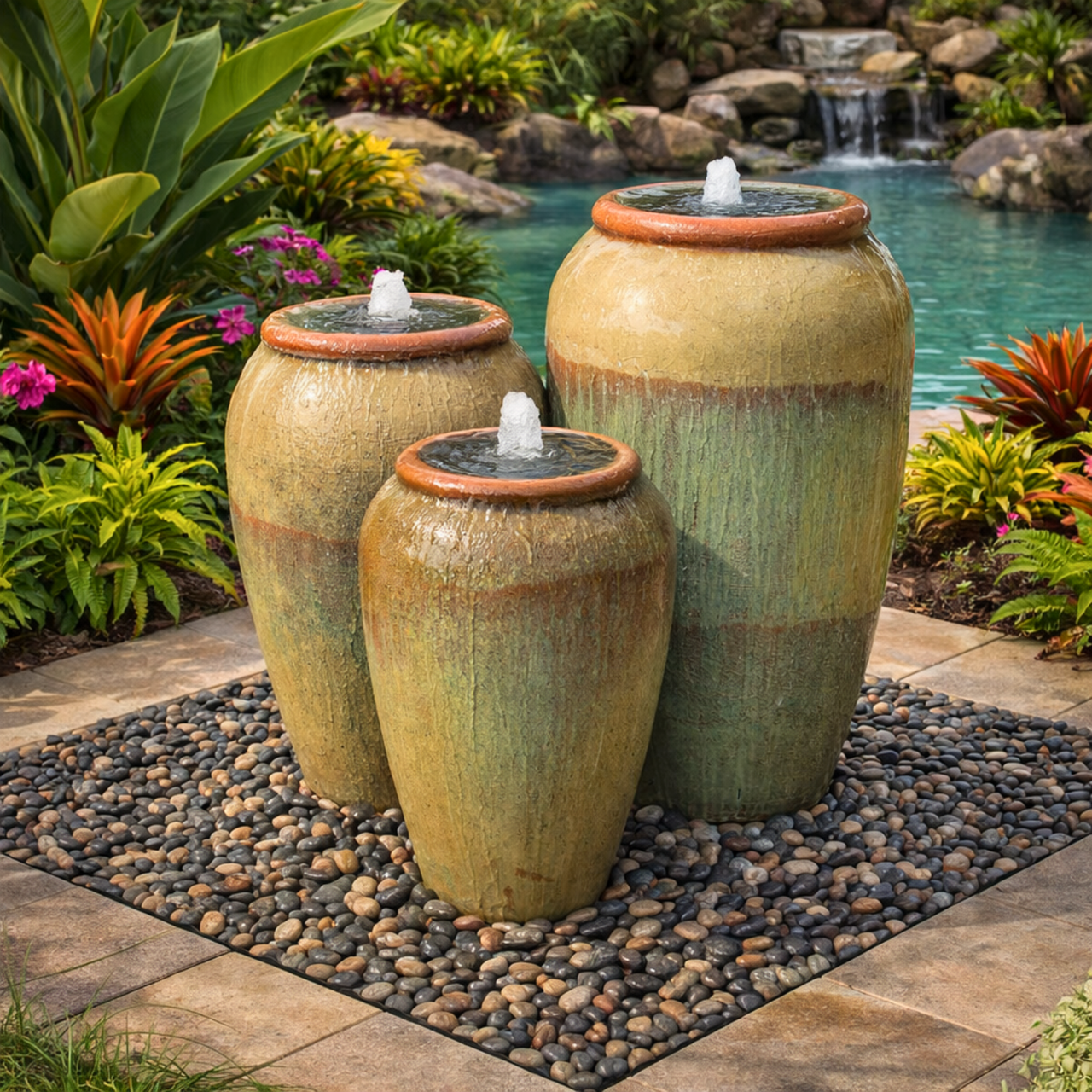 Tuscany Tan Triple Vase FNT50589 - Complete Fountain Kit