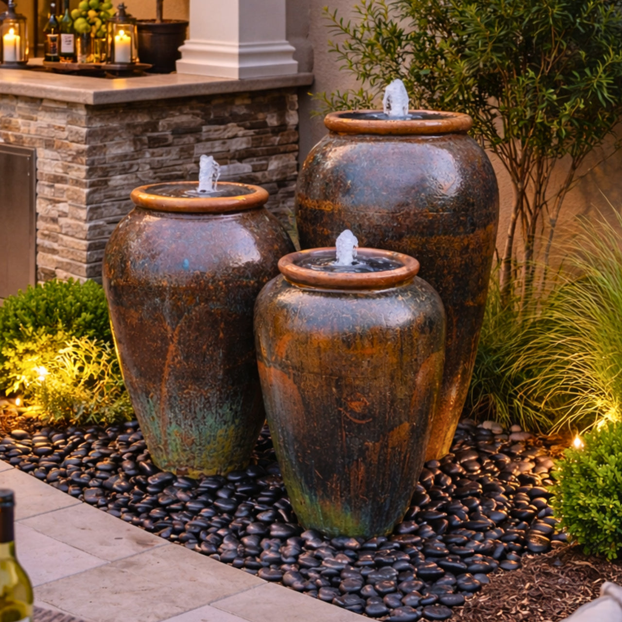 Tuscany Kobicha Triple Ceramic Vase FNT50916 - Complete Fountain Kit