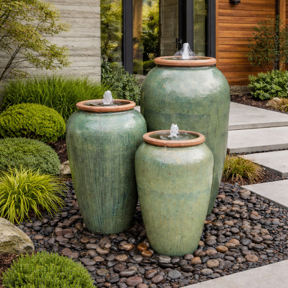 Tuscany Laurel Triple Ceramic Vase FNT50915 - Complete Fountain Kit