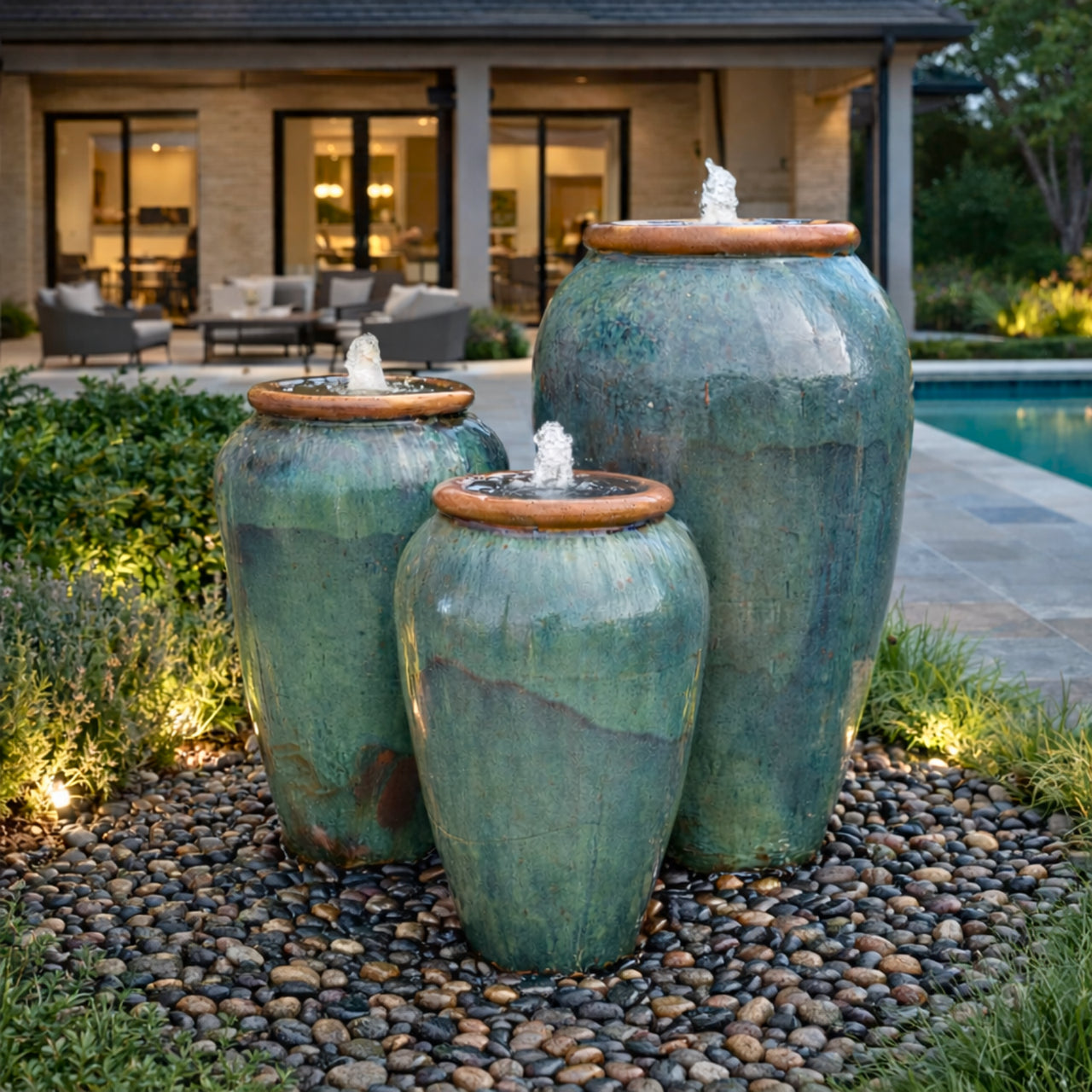 Tuscany Light Sea Green Triple Ceramic Vase FNT50911 - Complete Fountain Kit