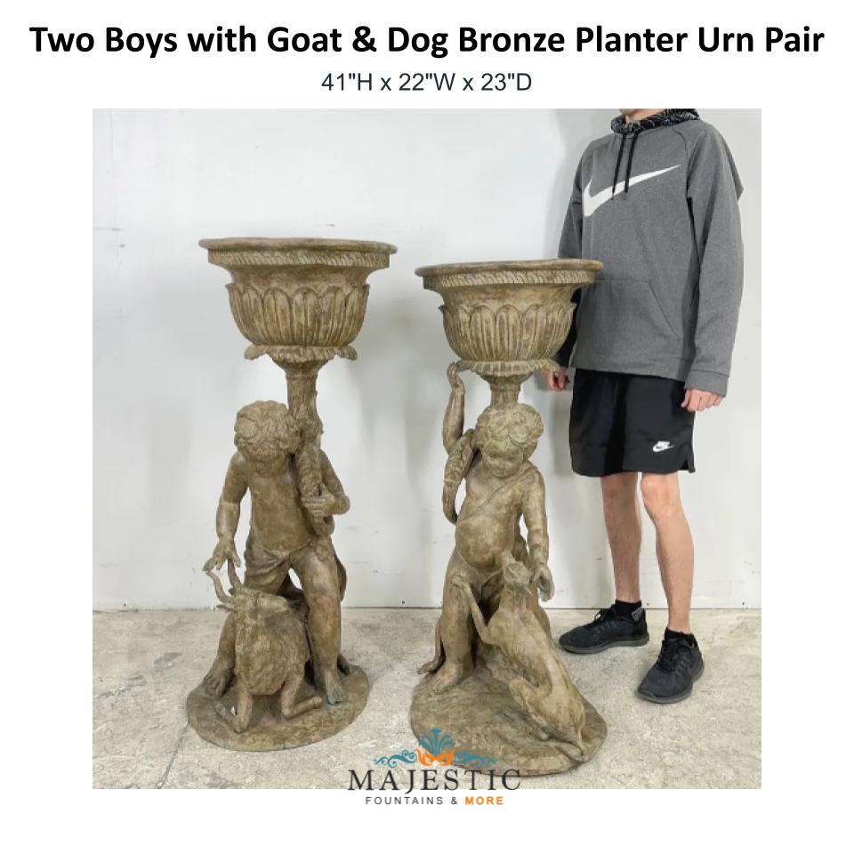 Two Boys with Goat & Dog Bronze Planter Urn Pair - Majestic Fountains & More