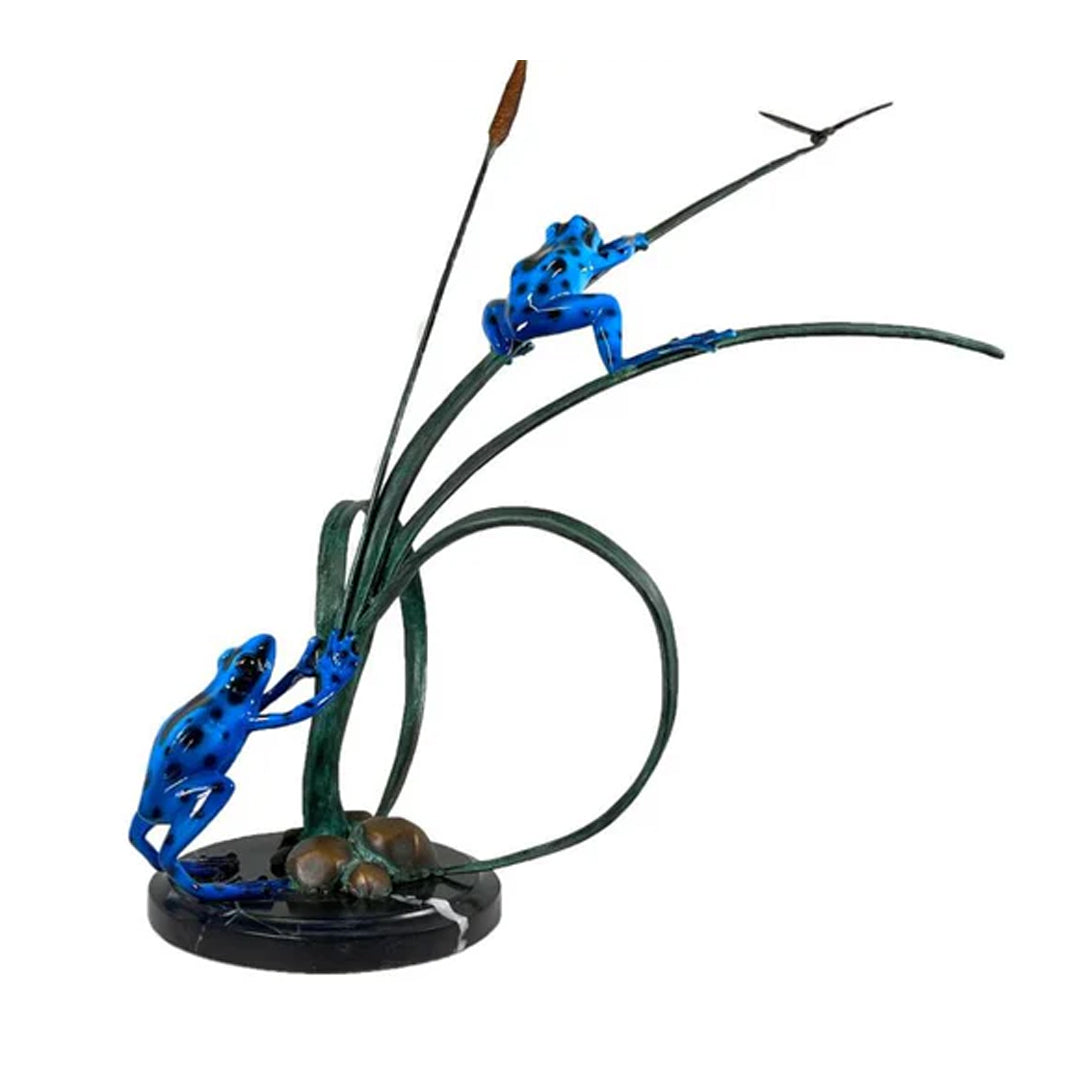 Two Blue Frogs Catching Dragonfly Bronze Table Top Sculpture - Majestic Fountains