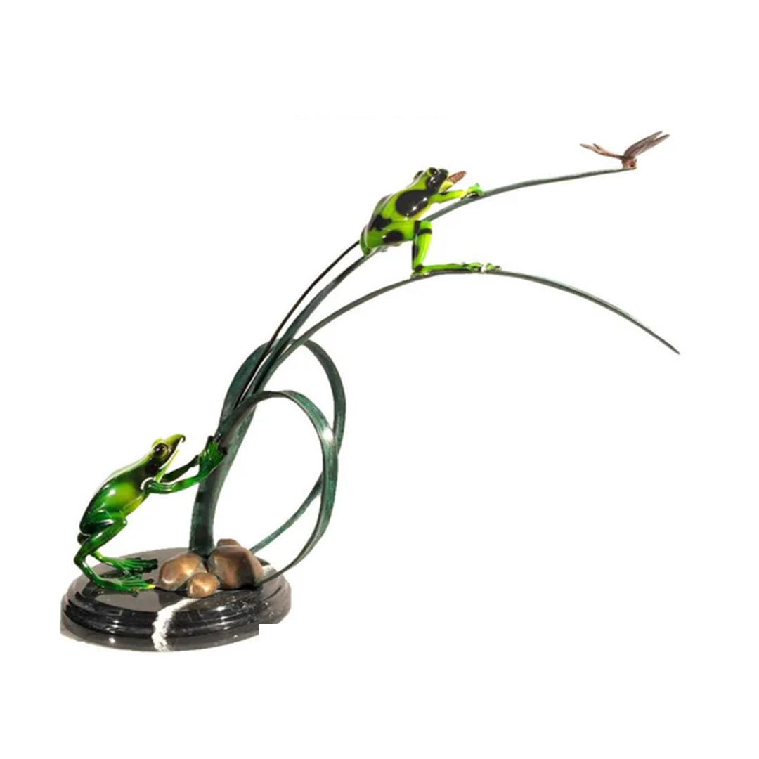 Two Green Frogs Catching Dragonfly Bronze Table Top Sculpture - Majestic Fountains
