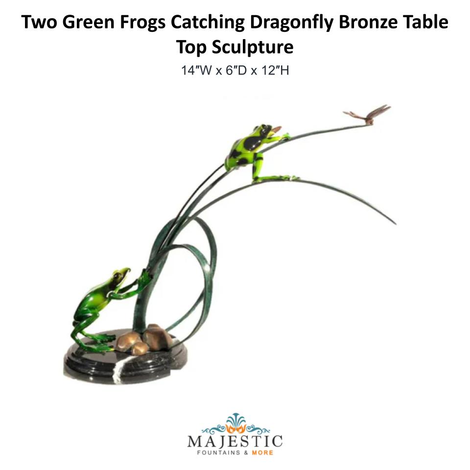 Two Green Frogs Catching Dragonfly Bronze Table Top Sculpture - Majestic Fountains and More