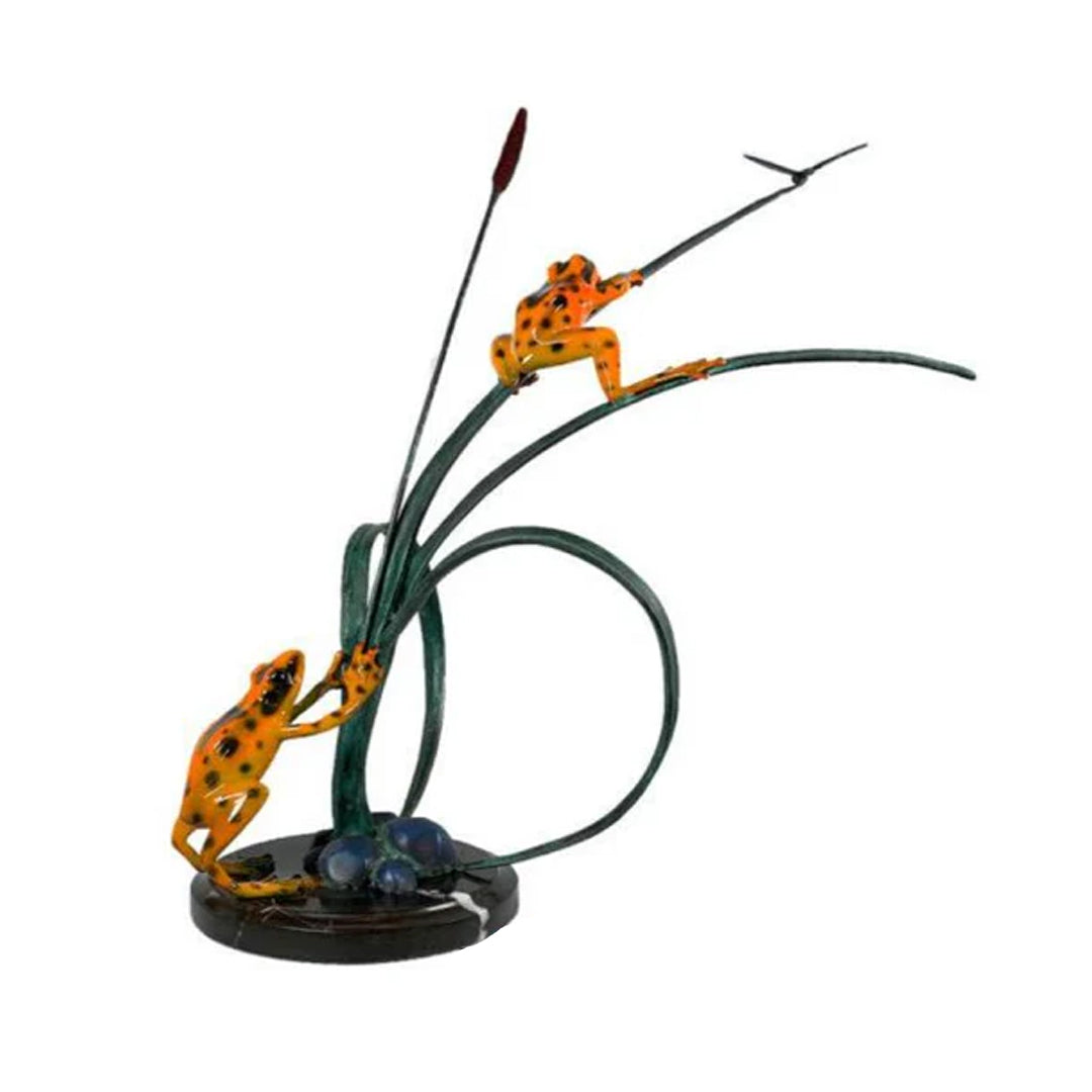 Two Orange Frogs Catching Dragonfly Bronze Table Top Sculpture - Majestic Fountains