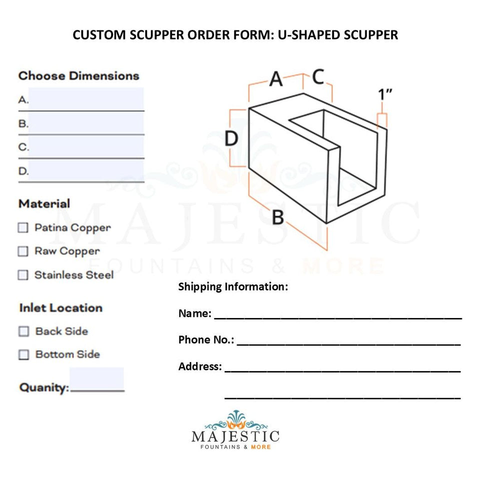 U-Shaped Scupper - Custom Scupper Form - Majestic Fountains and More