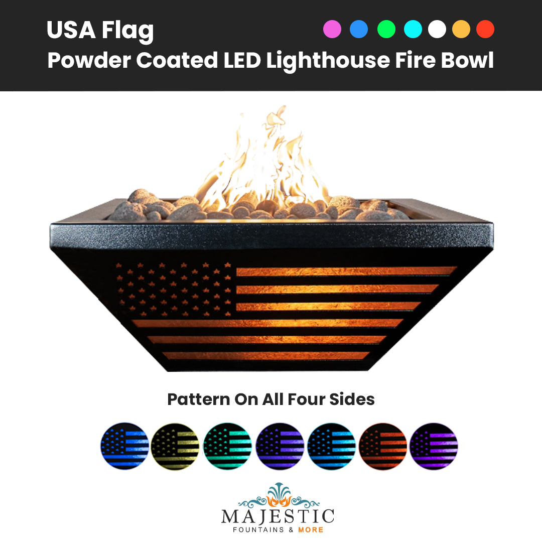 USA Flag Lighthouse Fire Bowl in Powder Coated Metal - Majestic Fountains