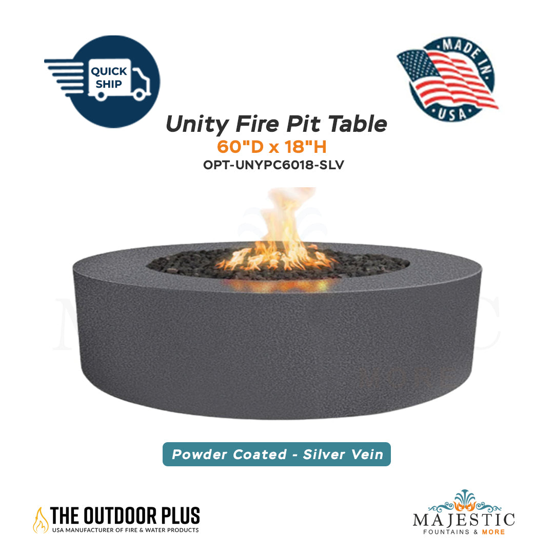 QUICKSHIP Unity 60"D x 18"H Fire Pit Powder Coated Silver Vein + Free Cover - Majestic Fountains