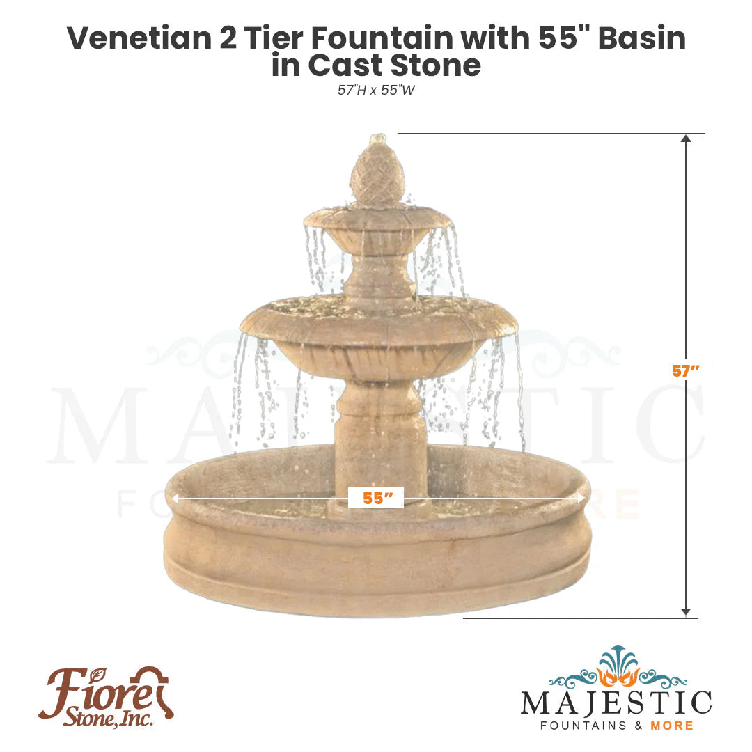 Venetian 2 Tier Fountain with 55 Basin in Cast Stone by Fiore Stone 2087-FB - Majestic Fountains