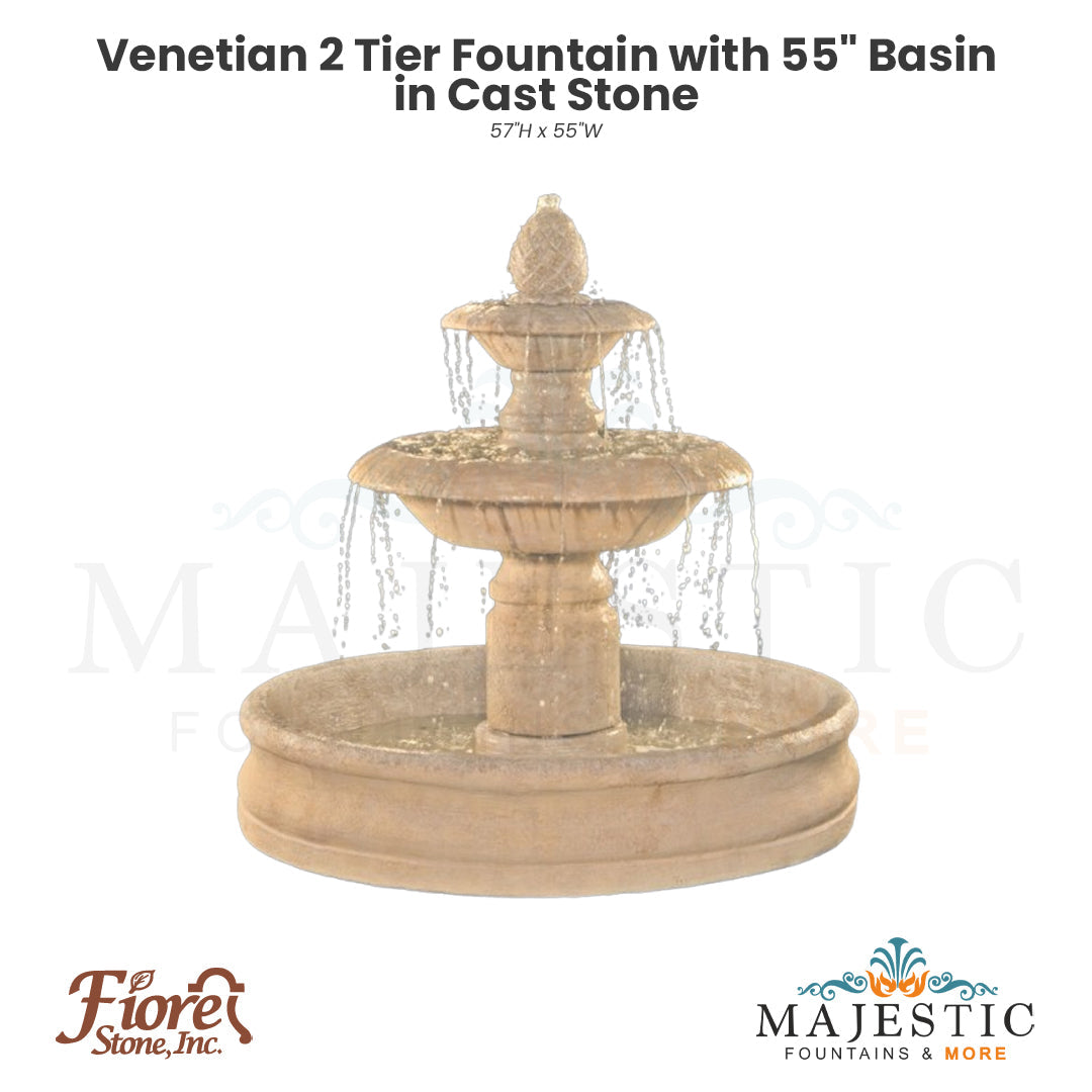 Venetian 2 Tier Fountain with 55 Basin in Cast Stone by Fiore Stone 2087-FB - Majestic Fountains
