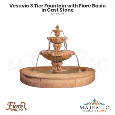 Vesuvio 3 Tier Fountain with Fiore Basin in Cast Stone - Fiore Stone 2080-FRG - Majestic Fountains