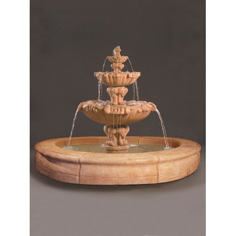Vesuvio 3 Tier Fountain with Fiore Basin in Cast Stone - Fiore Stone 2080-FRG - Majestic Fountains and More.