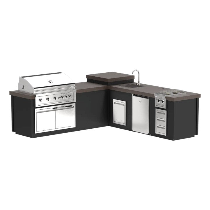 Videl 112 Maestro L-Shaped Kitchen Island w Gran Fuego Grill, Refrigerator, Sink & Riser - Majestic Fountains
