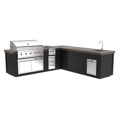 Videl 112Maestro L-Shaped Kitchen Island w Gran Fuego Grill, Side Burner & Sink - Majestic Fountains