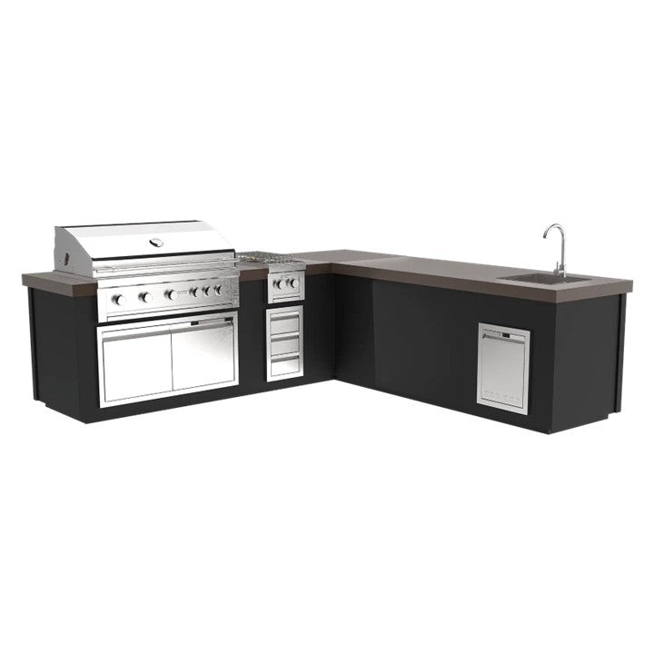 Videl 112Maestro L-Shaped Kitchen Island w Gran Fuego Grill, Side Burner & Sink - Majestic Fountains