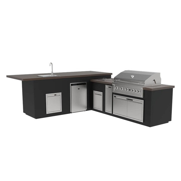Videl 134 Maestro L-Shaped Kitchen Island w Gran Fuego Grill, Refrigerator, Sink  - Majestic Fountains