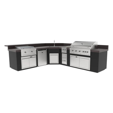 Videl 144 Maestro L-Shaped Kitchen Island w Gran Fuego Grill, Refrigerator, Sink  - Majestic Fountains