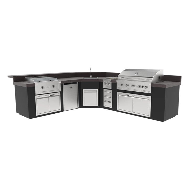 Videl 144 Maestro L-Shaped Kitchen Island w Gran Fuego Grill, Refrigerator, Sink  - Majestic Fountains