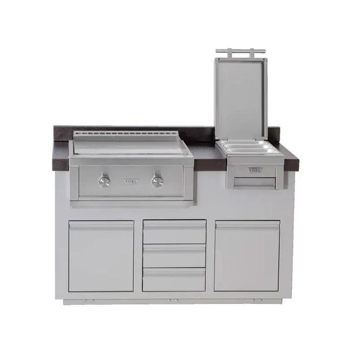 Videl 60 Alta Outdoor Kitchen Island w Gran Plancha Griddle & Fuego III Food Warmer - Majestic Fountains