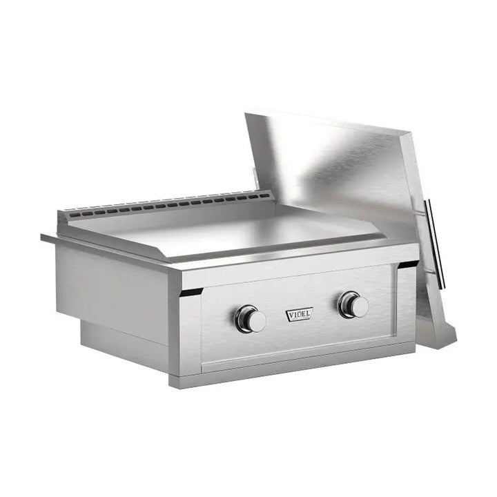 Videl 60 Alta Outdoor Kitchen Island w Gran Plancha Griddle & Fuego III Food Warmer - Majestic Fountains