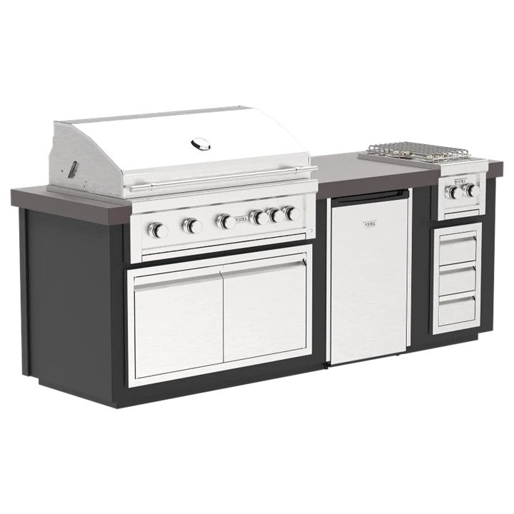 Videl 96 Luxe Outdoor Kitchen Island w Gran Fuego Grill with Side Burner and Refrigerator - Majestic Fountains