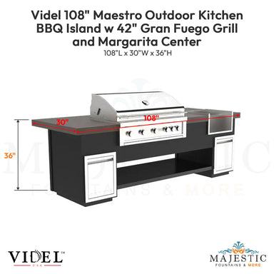 Videl 108 Maestro Outdoor Kitchen BBQ Island w 42 Gran Fuego Grill and Margarita Center - Majestic Fountains