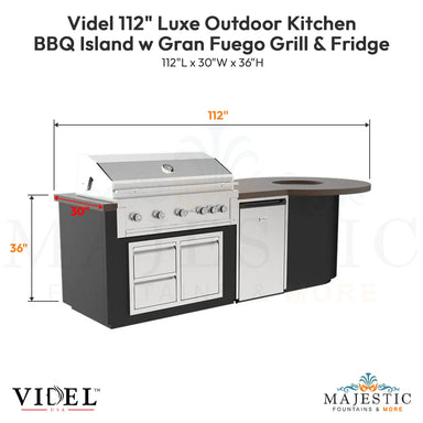 Videl 112 Luxe Outdoor Kitchen Island w Gran Fuego Grill & Fridge - Majestic Fountains