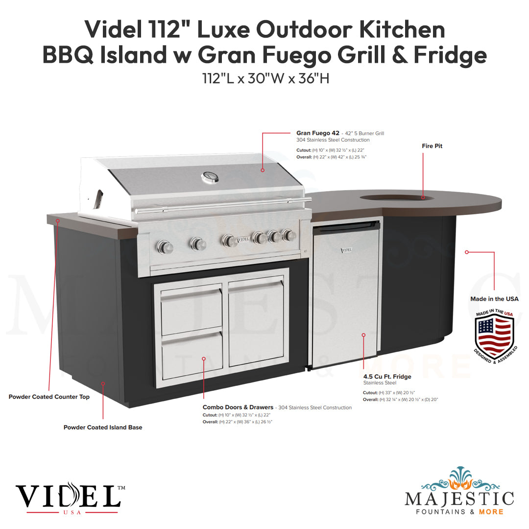 Videl 112 Luxe Outdoor Kitchen Island w Gran Fuego Grill & Fridge - Majestic Fountains