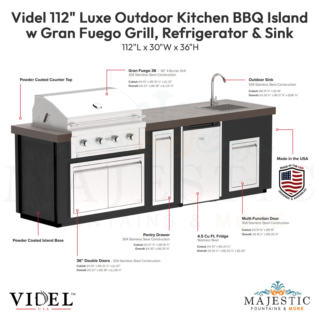 Videl 112 Luxe Outdoor Kitchen BBQ Island w Gran Fuego Grill, Refrigerator & Sink - Majestic Fountains