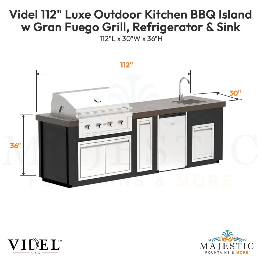 Videl 112 Luxe Outdoor Kitchen BBQ Island w Gran Fuego Grill, Refrigerator & Sink - Majestic Fountains
