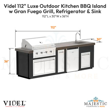 Videl 112 Luxe Outdoor Kitchen BBQ Island w Gran Fuego Grill, Refrigerator & Sink - Majestic Fountains