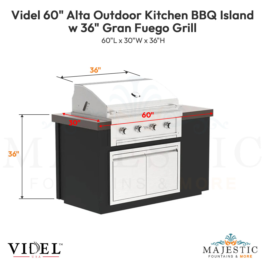 Videl 60 Alta Outdoor Kitchen BBQ Island w 36 Gran Fuego Grill - Majestic Fountains